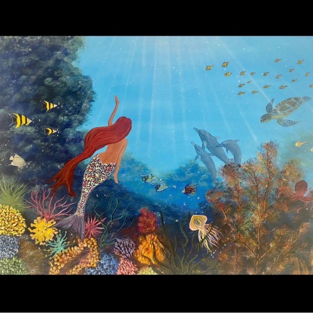 Underwater corals mermaid turtle octopus sea animals painting